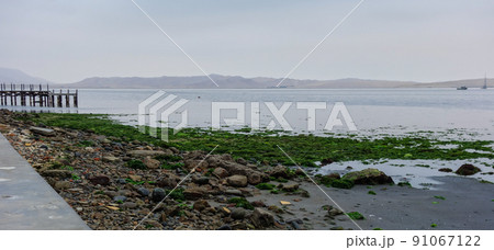 wooden deck in a misty day at Paracas beach. Ica, Peru 91067122