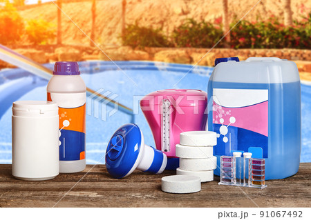 Equipment with chemical cleaning products and tools for the maintenance of the swimming pool. 91067492