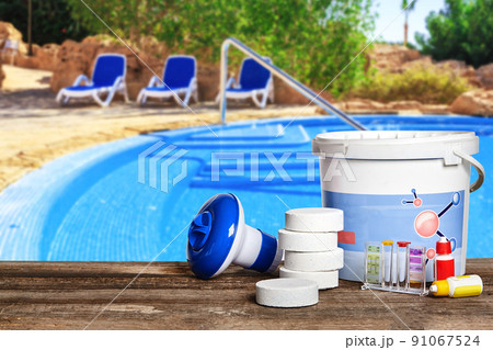 Equipment with chemical cleaning products and tools for the maintenance of the swimming pool. Equipment with chemical cleaning products and tools for the maintenance of the swimming pool. 91067524