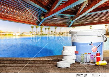 Equipment with chemical cleaning products and tools for the maintenance of the swimming pool. 91067529