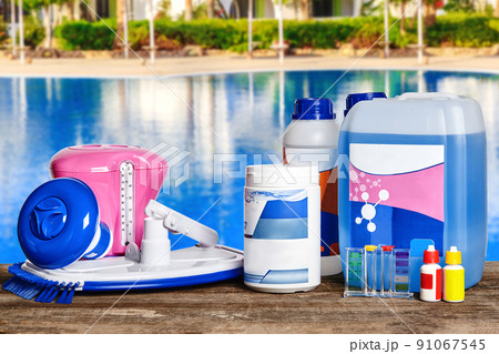 Equipment with chemical cleaning products and tools for the maintenance of the swimming pool. Equipment with chemical cleaning products and tools for the maintenance of the swimming pool. 91067545