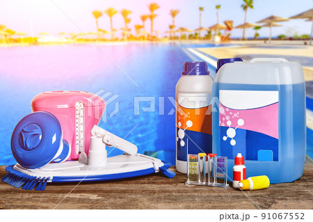 Equipment with chemical cleaning products and tools for the maintenance of the swimming pool. 91067552