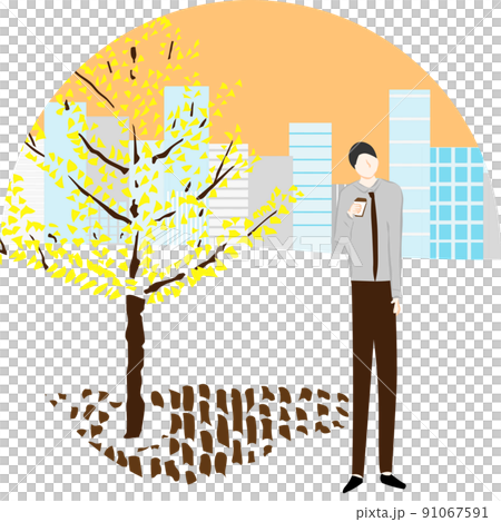 Illustration of a tall businessman taking a break outside in the fall 91067591