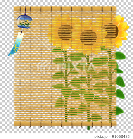 Hand-painted illustrations of colored pencils, bamboo blinds and wind chimes, sunflowers in the back Hand-painted illustrations of colored pencils, bamboo blinds and wind chimes, sunflowers in the back 91068485