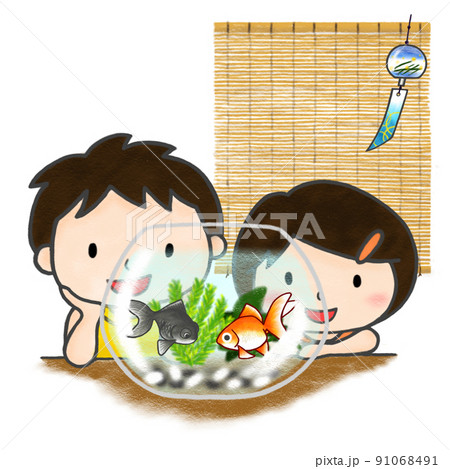 色鉛筆手描きイラスト 金魚鉢を眺める子供たちのイラスト素材