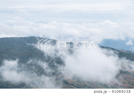 The most cloudy is covering the high mountain range in the early morning. 91069238