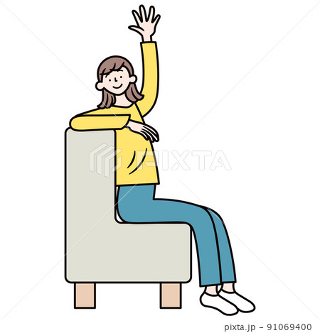 ソファーに座り手を上げる女性のイラスト素材 91069400
