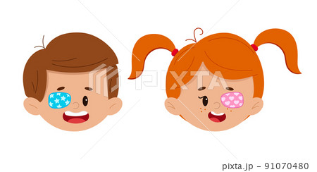 Amblyopia eye patch on boy and girl faces set isolated on white background. Amblyopia eye patch on boy and girl faces set isolated on white background. 91070480