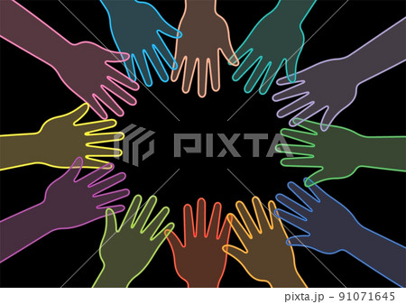 カラフルに輝く手を寄せ合うチーム 仲間 カラフルに輝く手を寄せ合うチーム 仲間 91071645