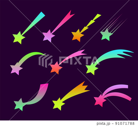 Set of neon space falling down comets and stars vector illustration. Meteors fire trails isolated. Fireball and star glowing gas and dust tails at galaxy EPS Set of neon space falling down comets and stars vector illustration. Meteors fire trails isolated. Fireball and star glowing gas and dust tails at galaxy EPS 91071788