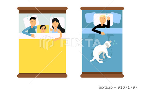 People sleeping in beds set. Top view of people and pet lying under blanket in pajamas asleep at night cartoon vector illustration People sleeping in beds set. Top view of people and pet lying under blanket in pajamas asleep at night cartoon vector illustration 91071797