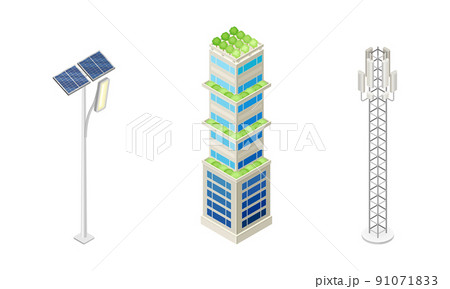 Solar panels, telecommunication tower and green skyscraper building with plants growing on facade and roof isometric vector illustration 91071833
