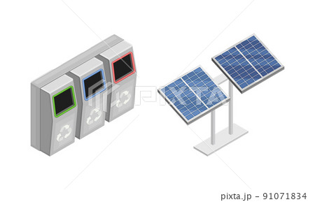 Waste sorting and recycling, solar panels isometric vector illustration 91071834