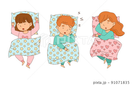 Cute little boy and girls sleeping in their beds cartoon vector illustration 91071835