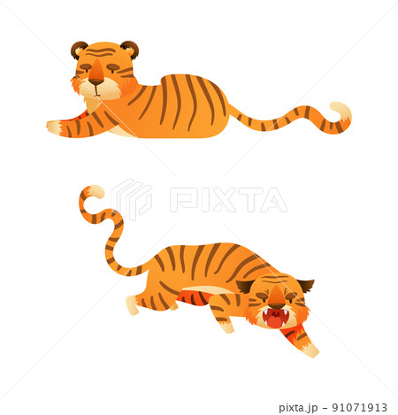 Cute tigers set. Furious and relaxed wild jungle predator animal cartoon vector illustration Cute tigers set. Furious and relaxed wild jungle predator animal cartoon vector illustration 91071913