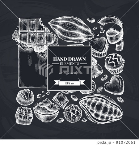 Square design with chalk cocoa beans, cocoa, chocolate, chocolate candies 91072061