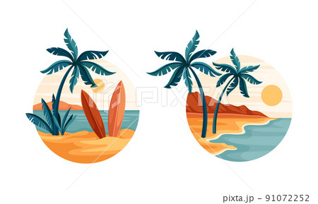 Tropical beach scenes set. Idyllic paradise with palm trees and surfboards in circle vector illustration Tropical beach scenes set. Idyllic paradise with palm trees and surfboards in circle vector illustration 91072252