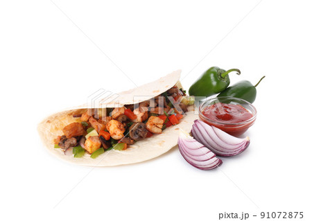 Concept of tasty food with taco isolated on white background 91072875