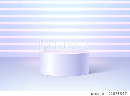 Pedestal or podium in round empty room with neon lights on the background. Architectural abstraction for product showcase or award ceremony. 91073347
