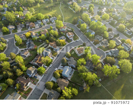 spring sunrise over residential area of Fort Collins in Colorado 91075972