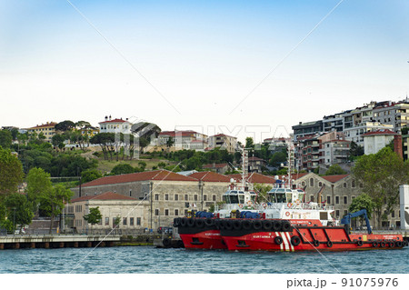 Houses and small hotels on the shore of the Bosphorus Strait High-quality close-up photo 91075976