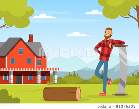 Bearded Man Lumberjack or Woodman in Red Checkered Shirt with Saw Standing on Green Lawn with Log Vector Illustration 91076205