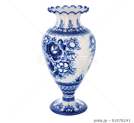 Cobalt Blue Porcelain Ceramic Vase Isolated on white. Traditional folk painting with pattern. Decor for interior design Cobalt Blue Porcelain Ceramic Vase Isolated on white. Traditional folk painting with pattern. Decor for interior design 91076241