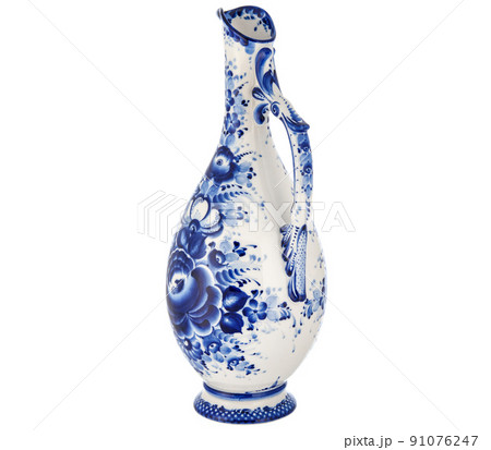 Cobalt Blue Porcelain Ceramic Vase Isolated on white. Traditional folk painting with pattern. Decor for interior design 91076247