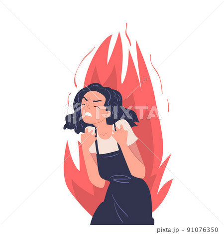 Angry Woman with Furious Face in Flame Clenching Teeth with Wrath Vector Illustration 91076350