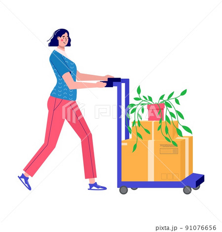 Woman moves new home, house. People moving and collect supplies in boxes. Person cartoon characters packing belongings. Young couple unpacking concept, delivery, relocation, move box. 91076656