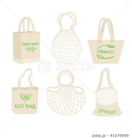 Eco shopping bag with vegetables, fruits and healthy drinks. Dairy food in reusable eco friendly shopper net. Zero waste, plastic free concept. Flat trendy design 91076690