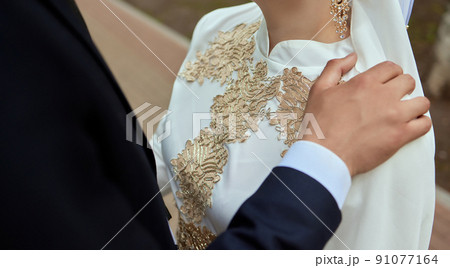 National wedding. Bride and groom. Wedding muslim couple during the marriage ceremony. Muslim marriage. 91077164