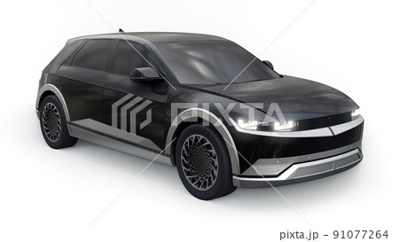 Ultra progressive electric hatchback SUV for people who love technology. Black car on a white isolated background. 3d illustration. 91077264