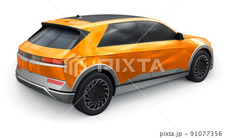 Ultra progressive electric hatchback SUV for people who love technology. Orange car on a white isolated background. 3d illustration. Ultra progressive electric hatchback SUV for people who love technology. Orange car on a white isolated background. 3d illustration. 91077356