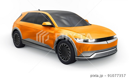 Ultra progressive electric hatchback SUV for people who love technology. Orange car on a white isolated background. 3d illustration. Ultra progressive electric hatchback SUV for people who love technology. Orange car on a white isolated background. 3d illustration. 91077357