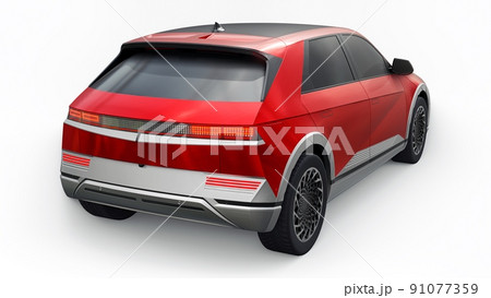 Ultra progressive electric hatchback SUV for people who love technology. Red car on a white isolated background. 3d illustration. Ultra progressive electric hatchback SUV for people who love technology. Red car on a white isolated background. 3d illustration. 91077359