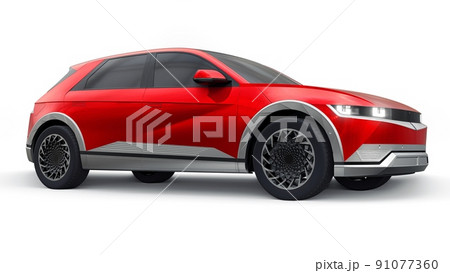 Ultra progressive electric hatchback SUV for people who love technology. Red car on a white isolated background. 3d illustration. Ultra progressive electric hatchback SUV for people who love technology. Red car on a white isolated background. 3d illustration. 91077360