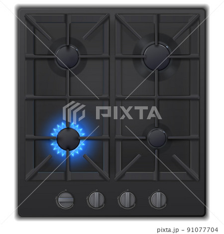 Realistic black gas stove top view. Realistic kitchen appliance. Realistic black gas stove top view. Realistic kitchen appliance. 91077704