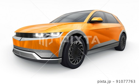 Ultra progressive electric hatchback SUV for people who love technology. Orange car on a white isolated background. 3d illustration. 91077763