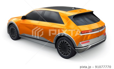 Ultra progressive electric hatchback SUV for people who love technology. Orange car on a white isolated background. 3d illustration. Ultra progressive electric hatchback SUV for people who love technology. Orange car on a white isolated background. 3d illustration. 91077770