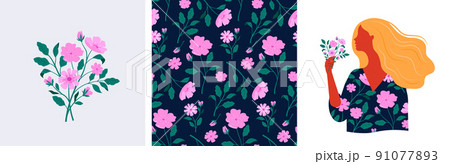 Feminine fashion concept illustration, beautiful women wearing dresses with floral patterns Feminine fashion concept illustration, beautiful women wearing dresses with floral patterns 91077893