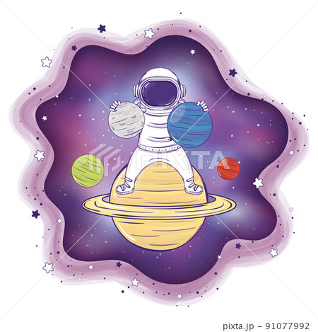 Colored astronaut cartoon character playing with planets Vector Colored astronaut cartoon character playing with planets Vector 91077992