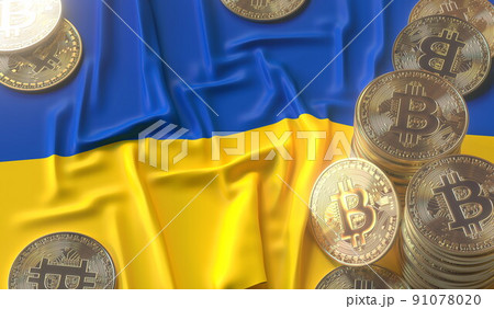 Flag of Ukraine and bitcoin coins or tokens, cryptocurrency related 3D rendering Flag of Ukraine and bitcoin coins or tokens, cryptocurrency related 3D rendering 91078020