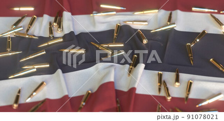 Scattered bullets on the flag of Thailand. Firearms regulation or army related conceptual 3D rendering Scattered bullets on the flag of Thailand. Firearms regulation or army related conceptual 3D rendering 91078021