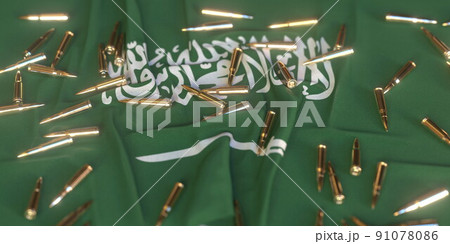 Scattered bullets on the flag of Saudi Arabia. Firearms regulation or army related conceptual 3D rendering Scattered bullets on the flag of Saudi Arabia. Firearms regulation or army related conceptual 3D rendering 91078086