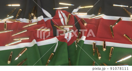 Many bullets on the flag of Kenya. Gun control or war related conceptual 3D rendering Many bullets on the flag of Kenya. Gun control or war related conceptual 3D rendering 91078111