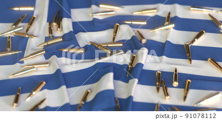 Scattered bullets on the flag of Greece. Firearms regulation or army related conceptual 3D rendering 91078112