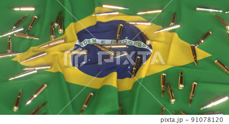Flag of Brazil and bullets. Weapons or ammo market and laws related conceptual 3D rendering Flag of Brazil and bullets. Weapons or ammo market and laws related conceptual 3D rendering 91078120