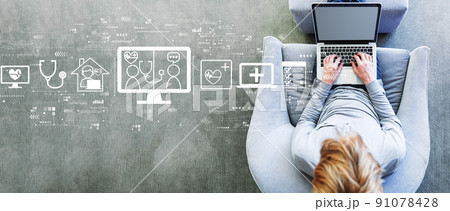 Telehealth theme with man using a laptop 91078428