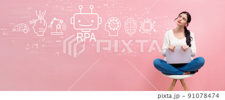 Robotic Process Automation theme with woman using a laptop 91078474
